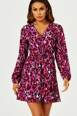 Leopard Print Wrap Top Mini Dress In Magenta