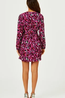 Leopard Print Wrap Top Mini Dress In Magenta