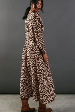 Leopard Viscose V Neck Long Puff Sleeve Midi Dress
