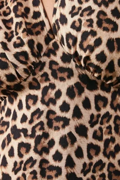 Leopard Viscose V Neck Long Puff Sleeve Midi Dress