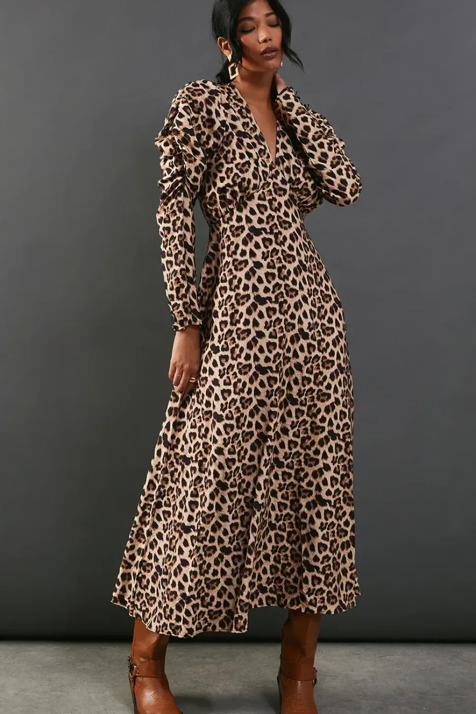 Leopard Viscose V Neck Long Puff Sleeve Midi Dress