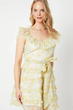 Lime Floral Ruffle Organza Mini Dress