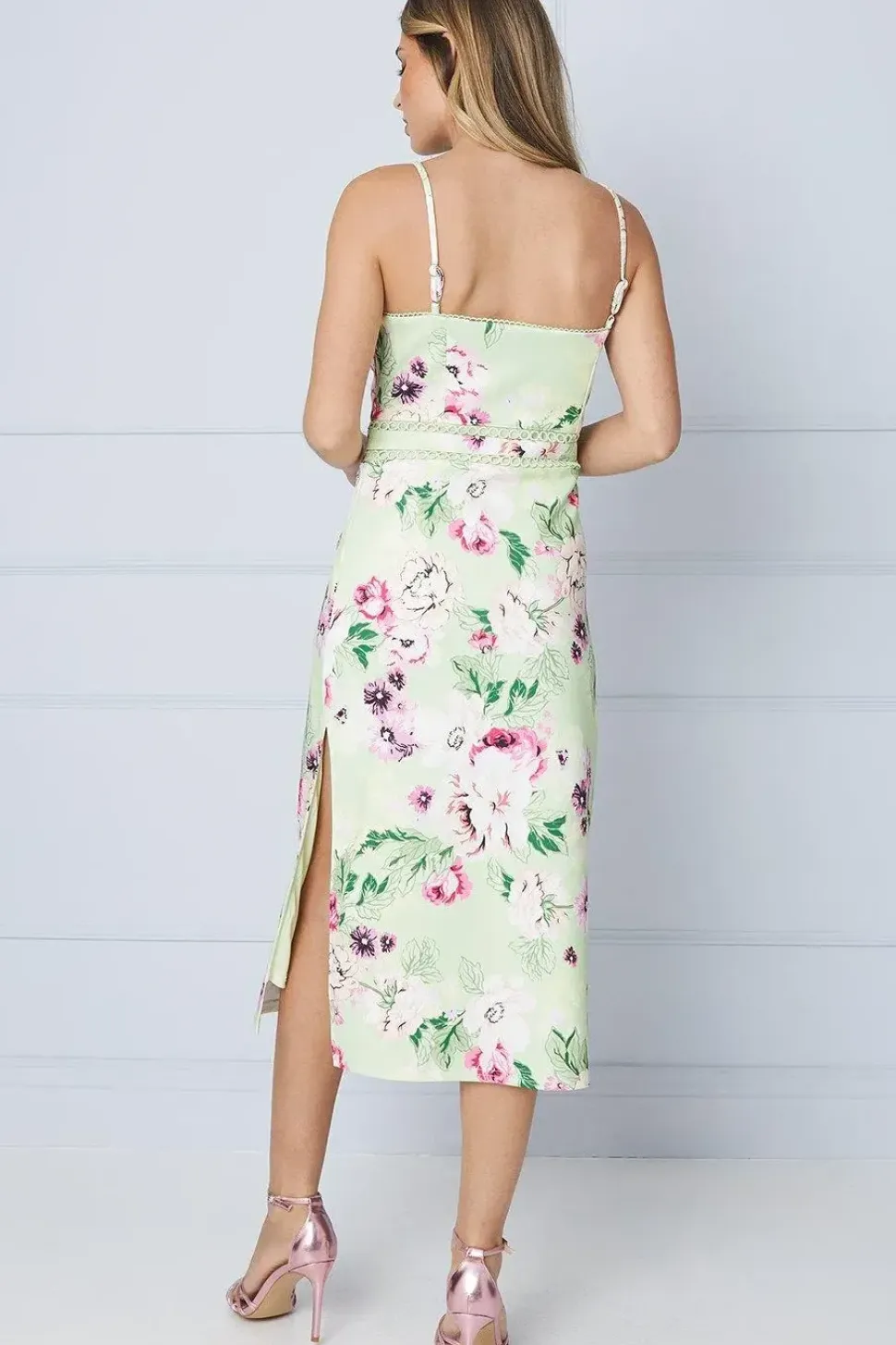 Lime Floral Scuba Column Trim Insert Midi Dress