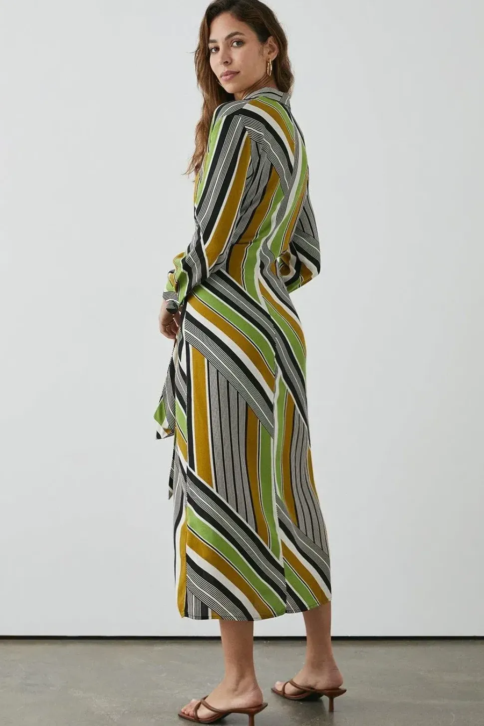 Lime Stripe Print Front Tie Shirt Midi Dress