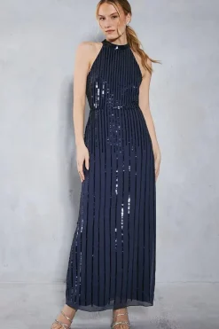 Linear Sequin Halter Neck Maxi Dress