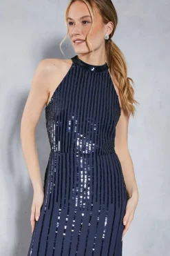 Linear Sequin Halter Neck Maxi Dress
