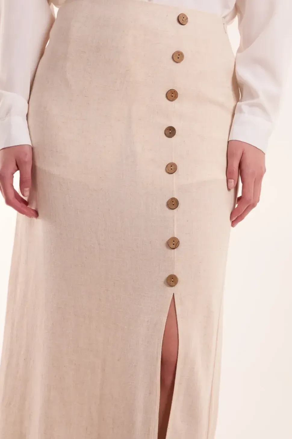 Linen Button Front Midi Skirt