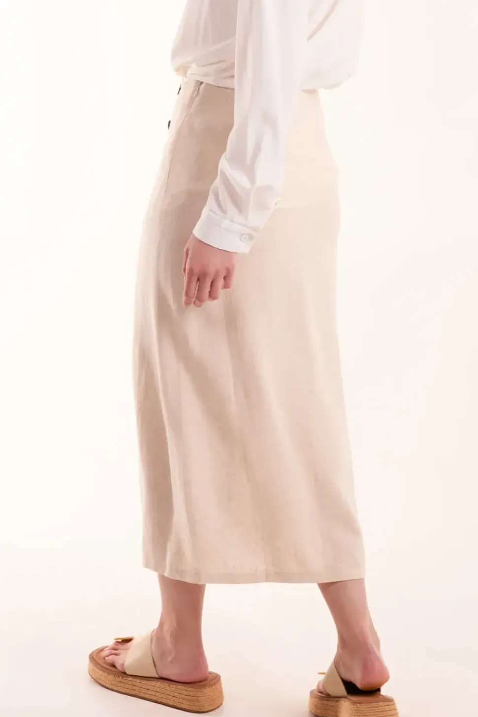 Linen Button Front Midi Skirt