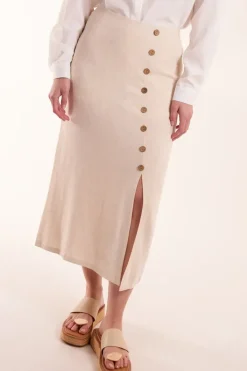 Linen Button Front Midi Skirt