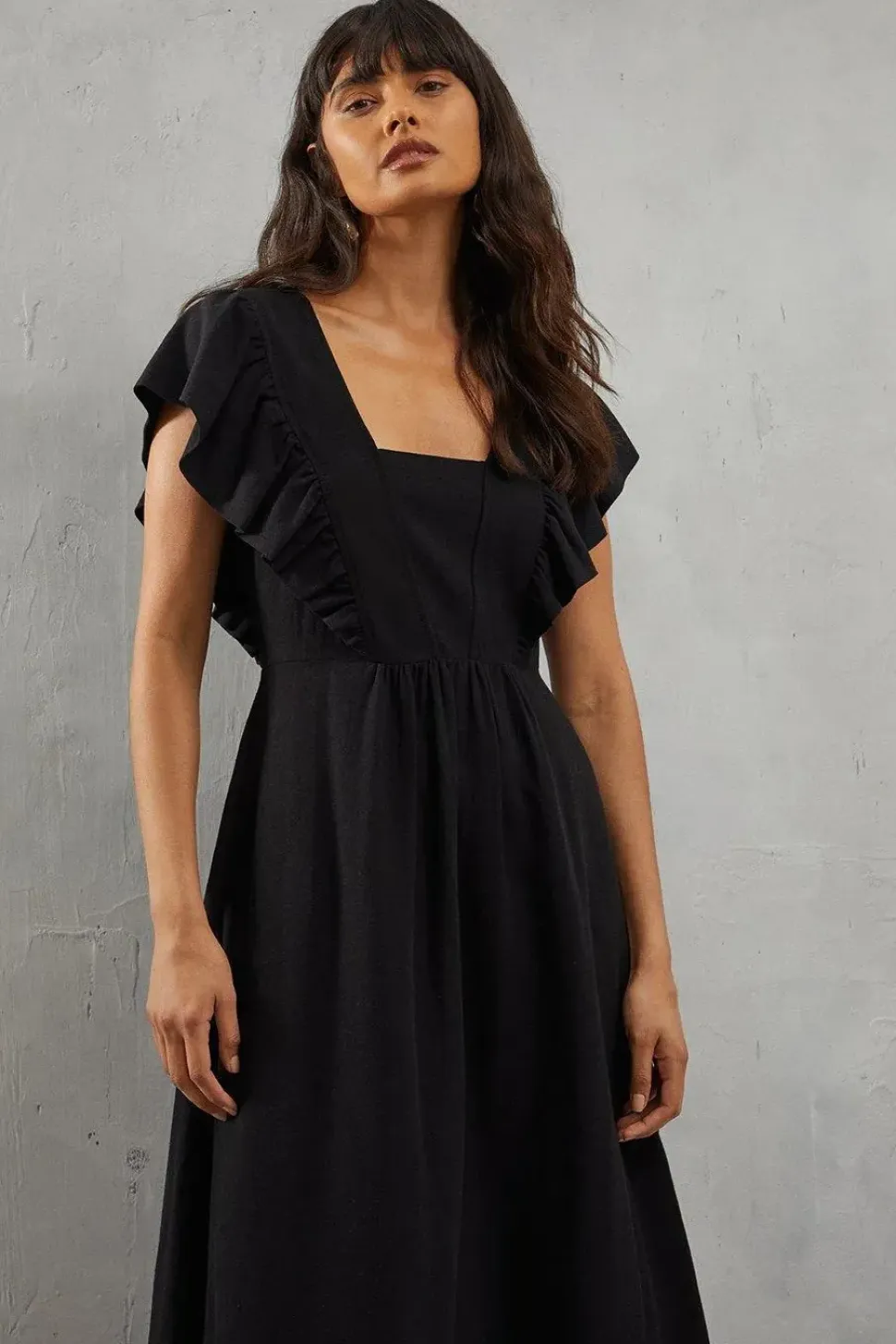 Linen Frill Neck Plunge Neck Midi Dress