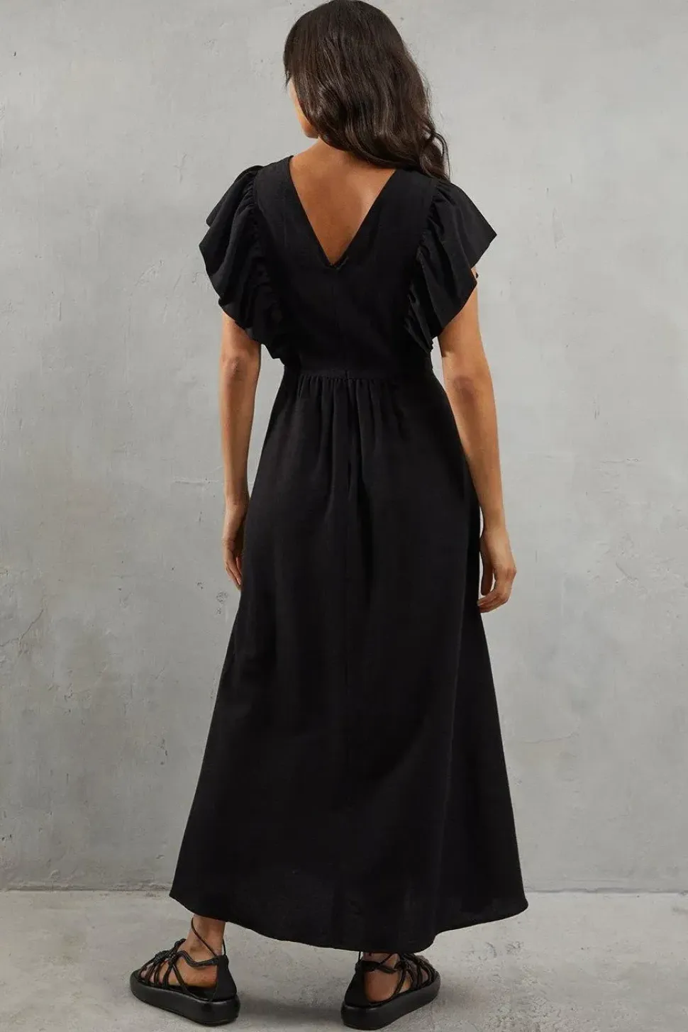 Linen Frill Neck Plunge Neck Midi Dress