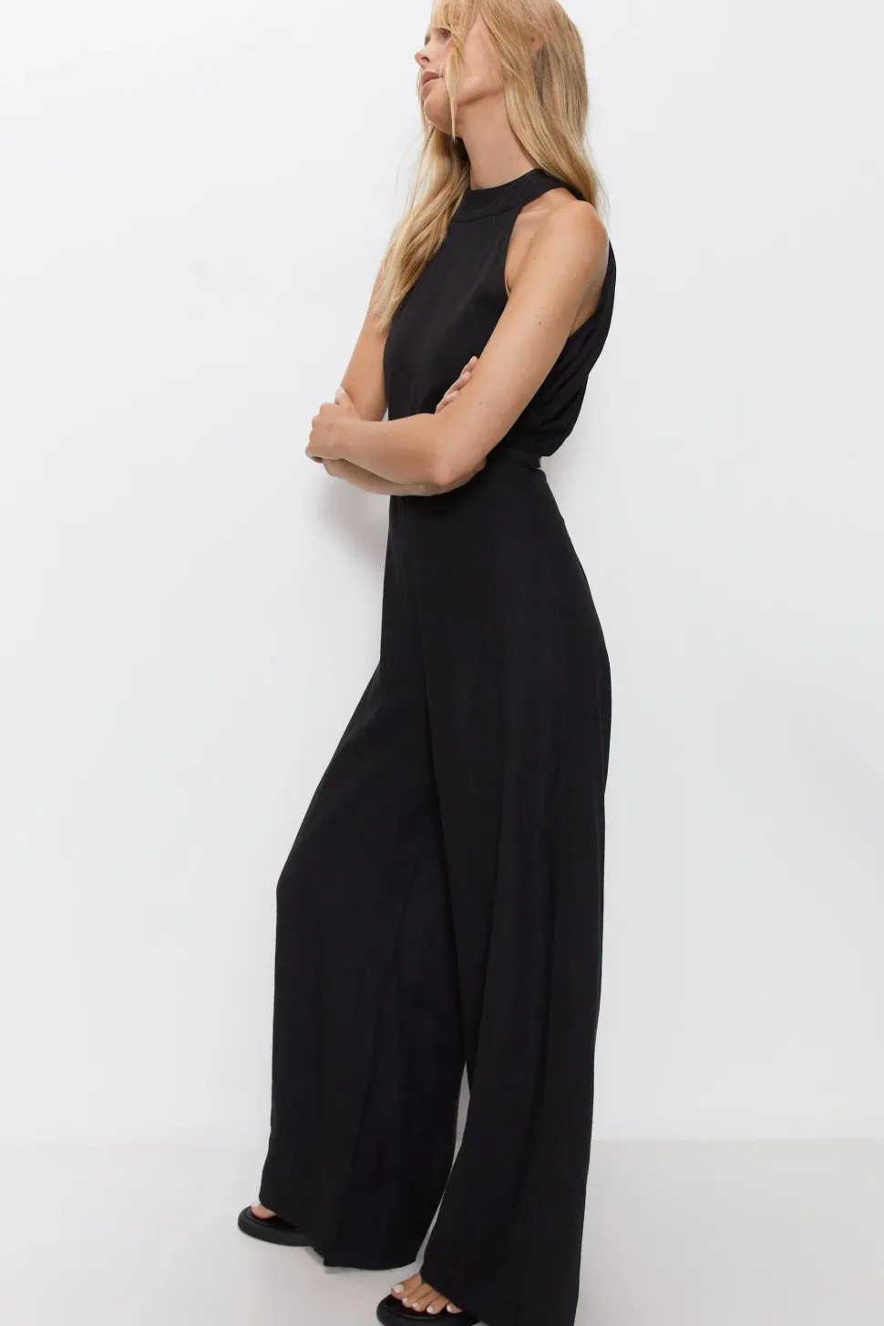 Linen Halter Neck Wide Leg Jumpsuit