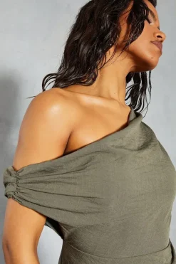 Linen Look Asymmetric Off The Shoulder Wrap Midi Dress