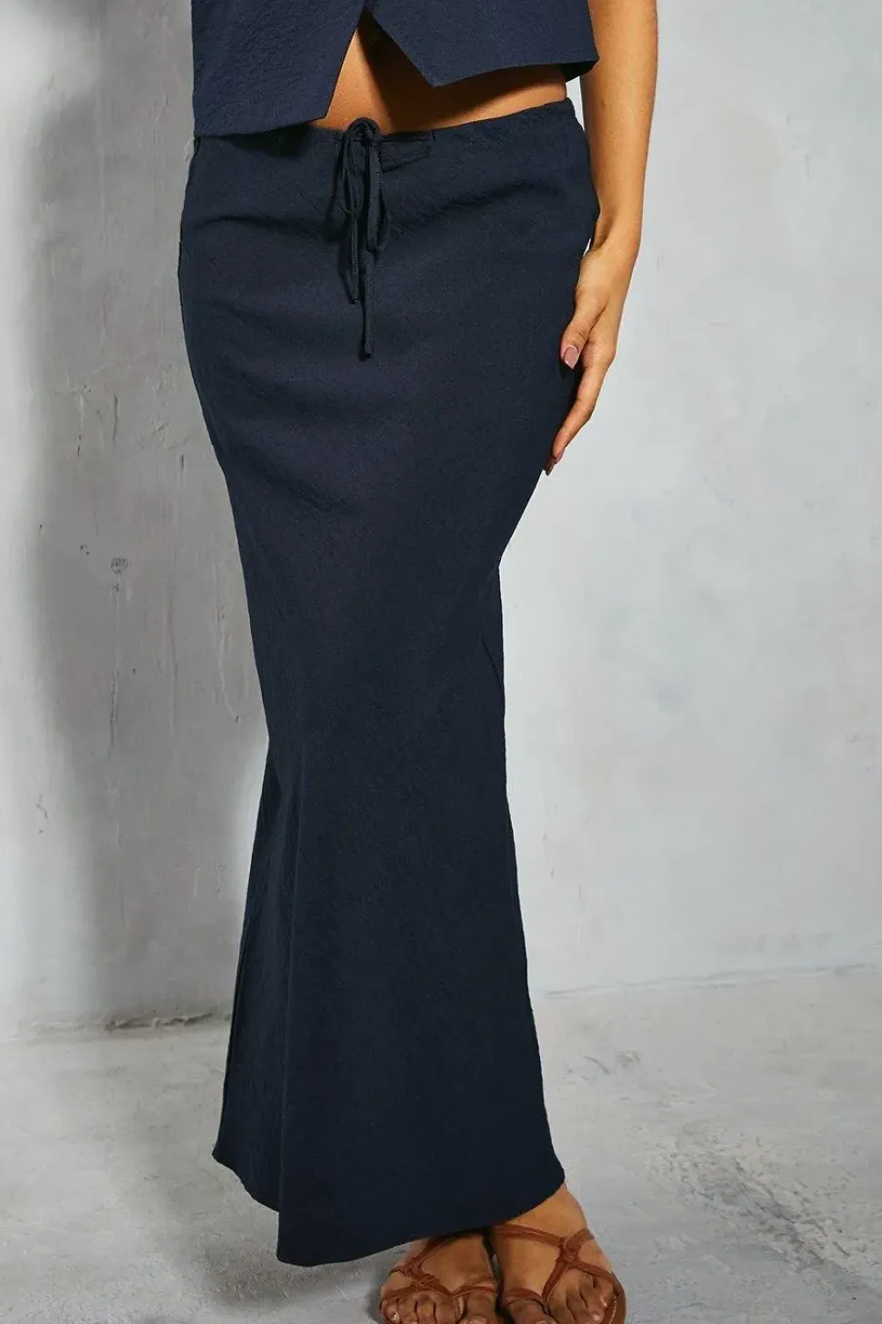 Linen Look Drawstring Maxi Skirt