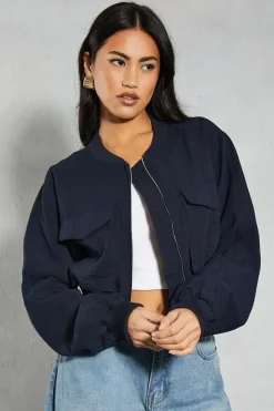 Linen Look Pocket Detail Bomber Jacket