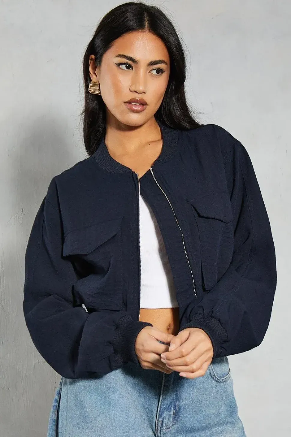 Linen Look Pocket Detail Bomber Jacket