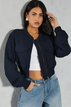 Linen Look Pocket Detail Bomber Jacket