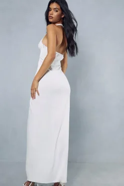 Linen Look Twist Detail Halterneck Maxi Dress