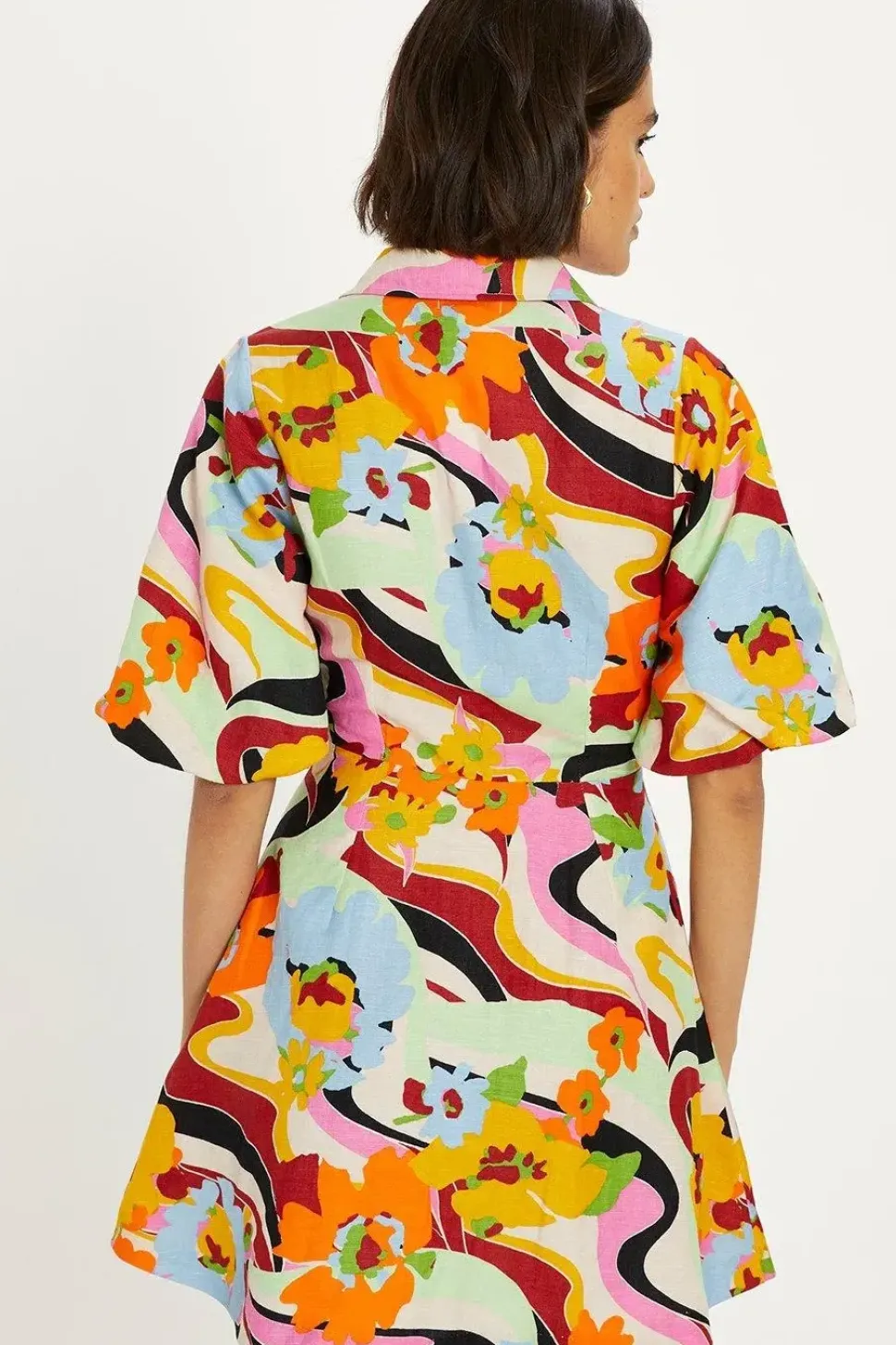 Linen Mix Floral Puff Sleeve Mini Shirt Dress