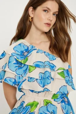 Linen Mix One Shoulder Ruffle Tiered Floral Mini Dress