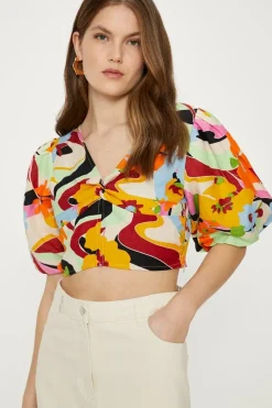 Linen Mix Puff Sleeve Twist Front Floral Top