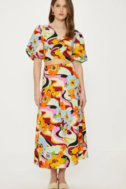 Linen Mix Puff Sleeve Twist Front Floral Top