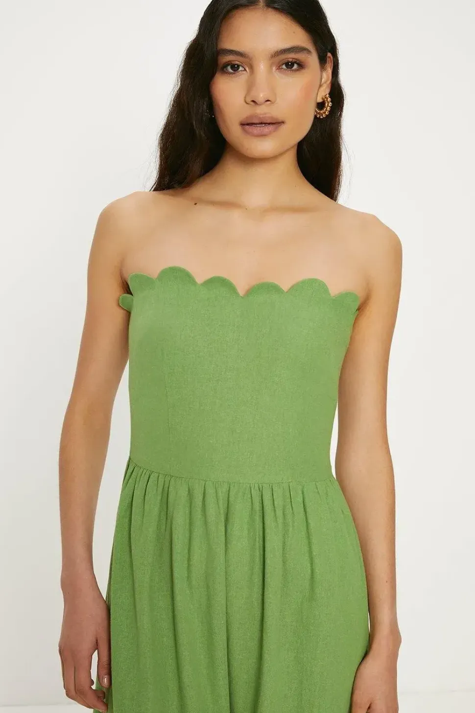 Linen Mix Scallop Detail Midi Dress