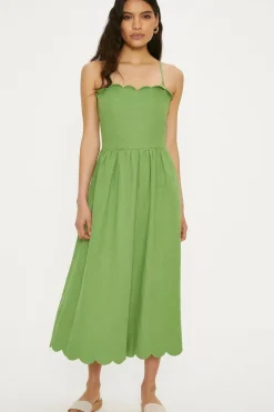 Linen Mix Scallop Detail Midi Dress