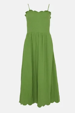 Linen Mix Scallop Detail Midi Dress