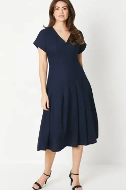 Linen Pleat Detail Midi Dress
