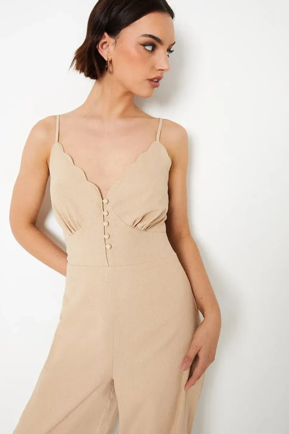 Linen Scallop Edge Button Down Strappy Jumpsuit