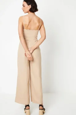 Linen Scallop Edge Button Down Strappy Jumpsuit