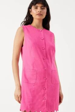 Linen Sleeveless Scallop Hem Button Mini Dress