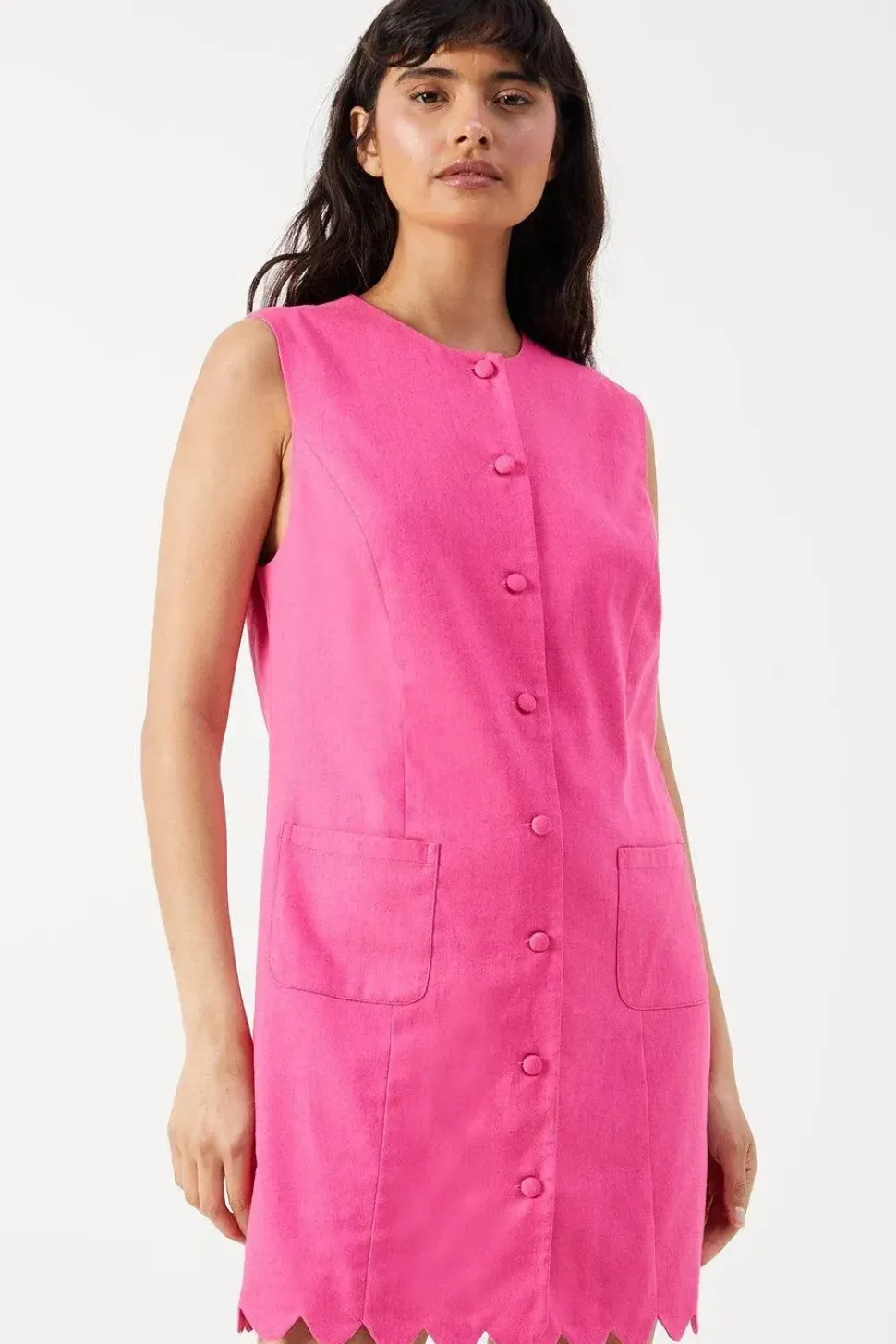 Linen Sleeveless Scallop Hem Button Mini Dress