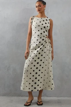Linen Spot Cut Out Sleeveless Midi Dress
