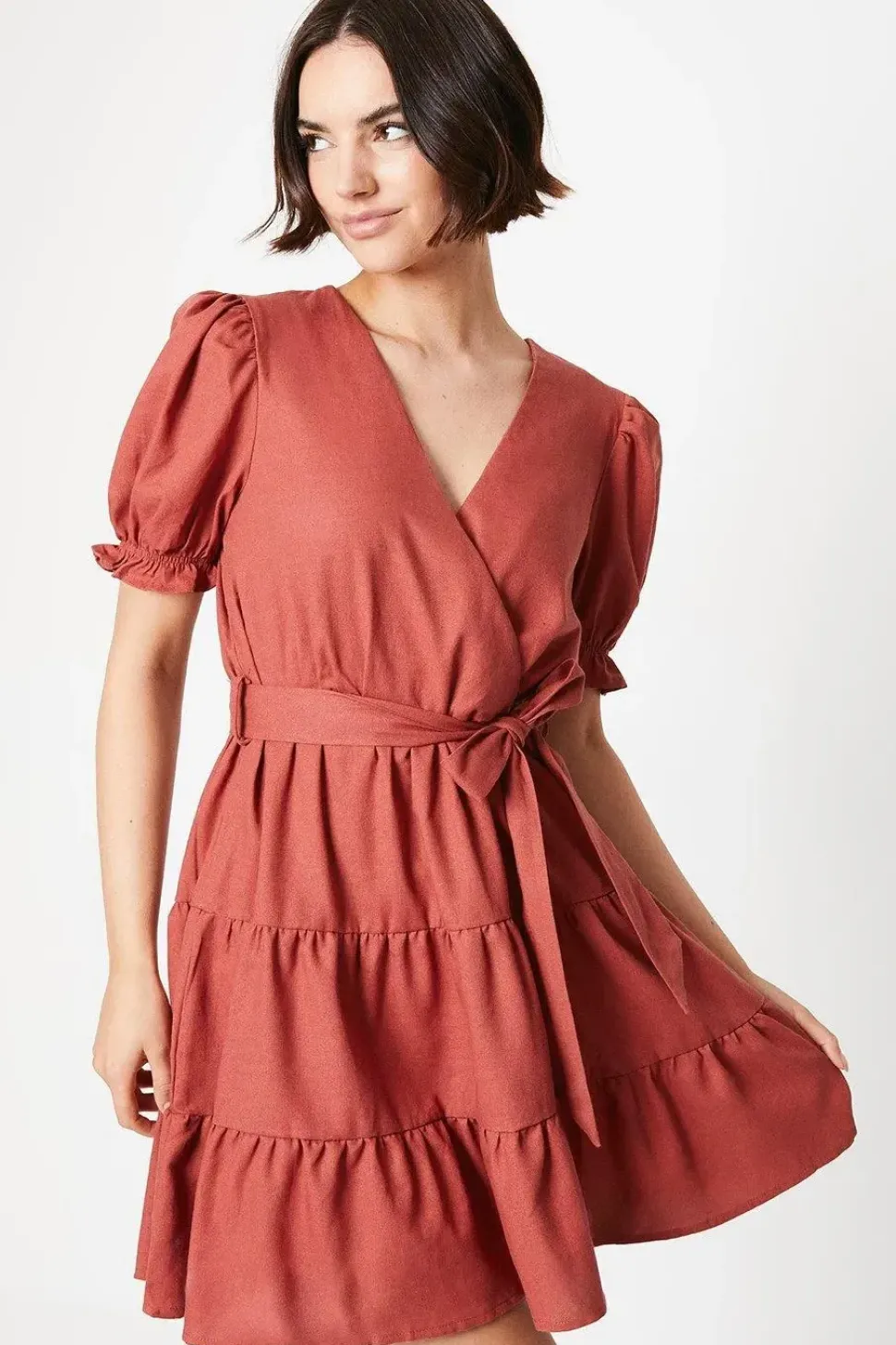 Linen Tiered Wrap Mini Dress