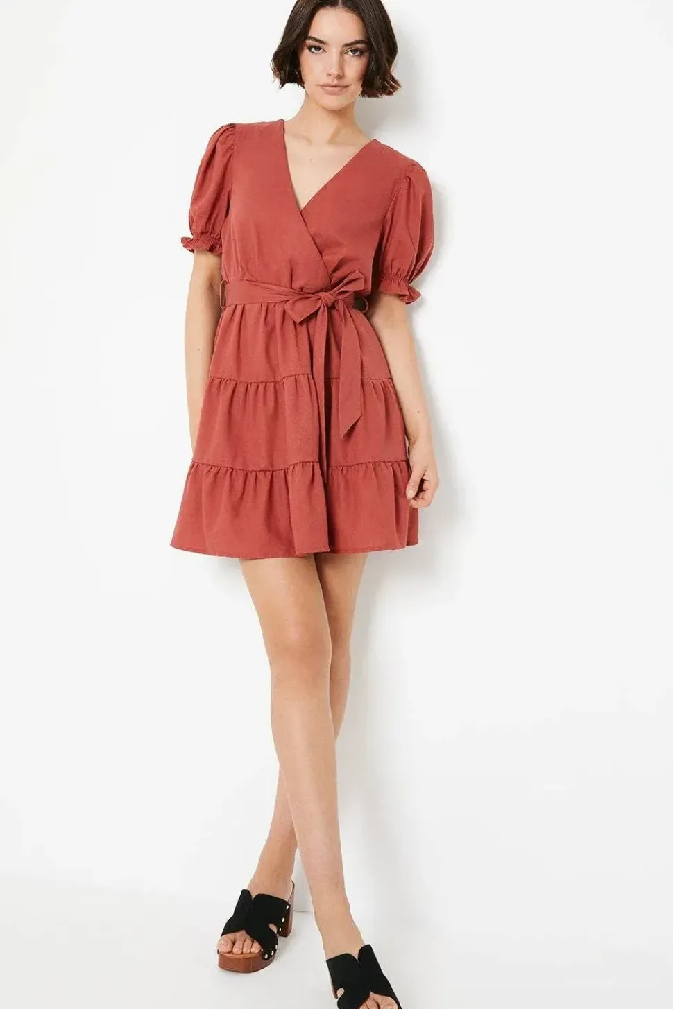 Linen Tiered Wrap Mini Dress