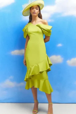 Lisa Tan Bardot Detail Ruffle Skirt Crepe Midi Dress