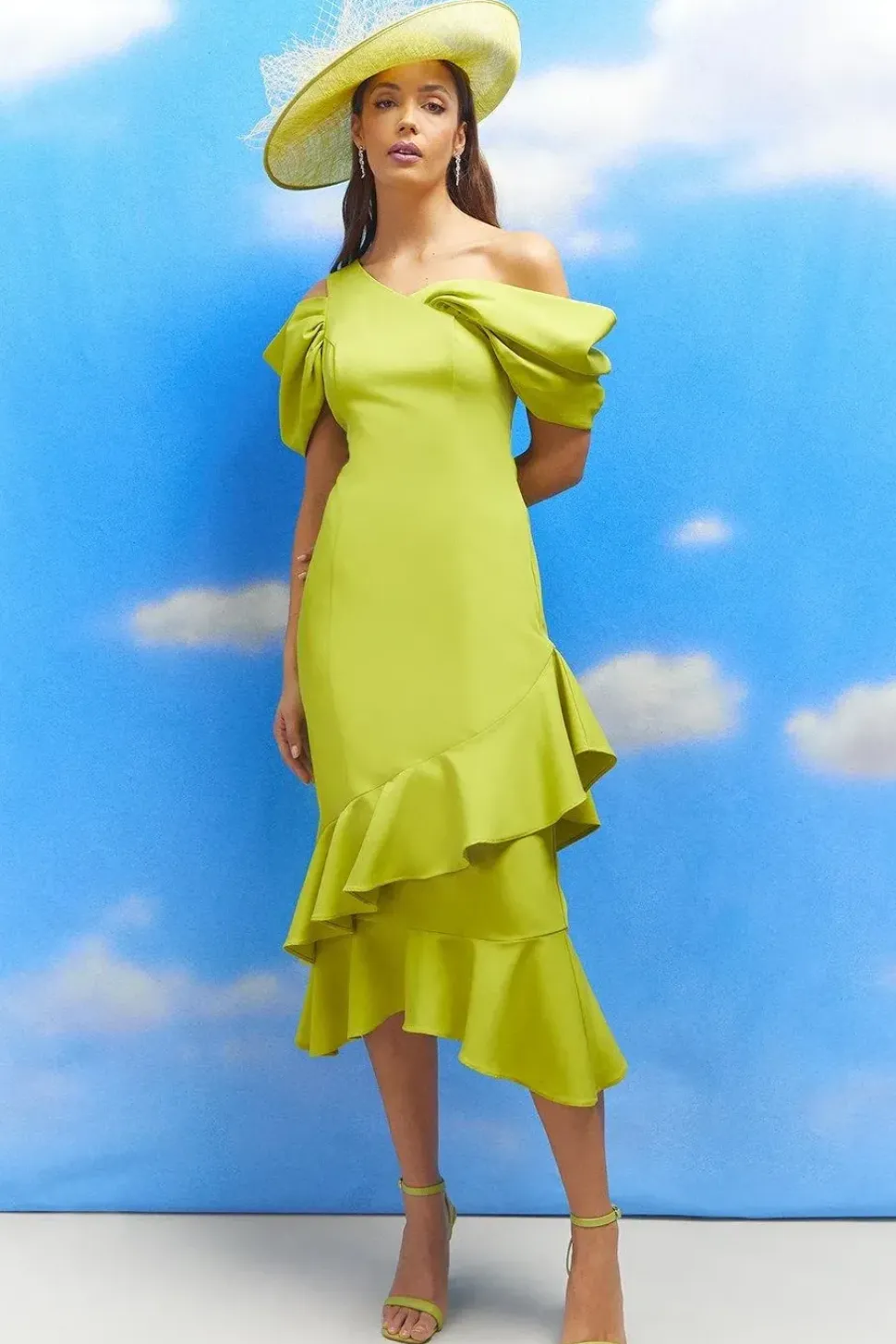 Lisa Tan Bardot Detail Ruffle Skirt Crepe Midi Dress