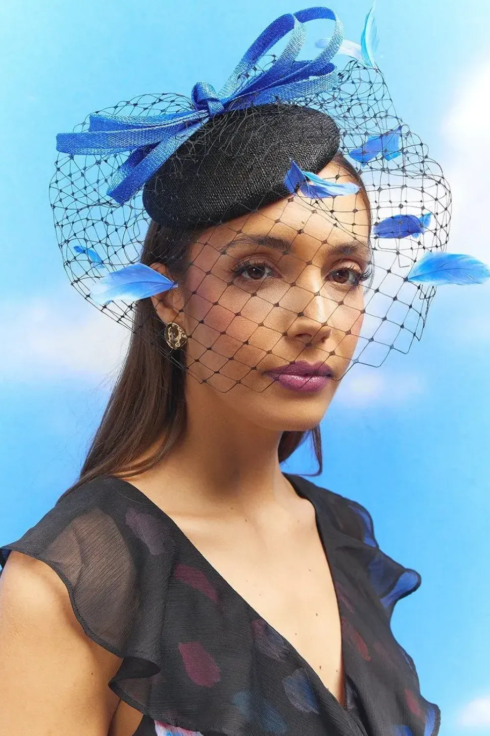 Lisa Tan Bow And Mesh Feather Detail Pillbox Fascinator