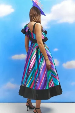 Lisa Tan Geo Stripe Ruffle Shoulder Midi Dress