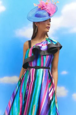 Lisa Tan Geo Stripe Ruffle Shoulder Midi Dress