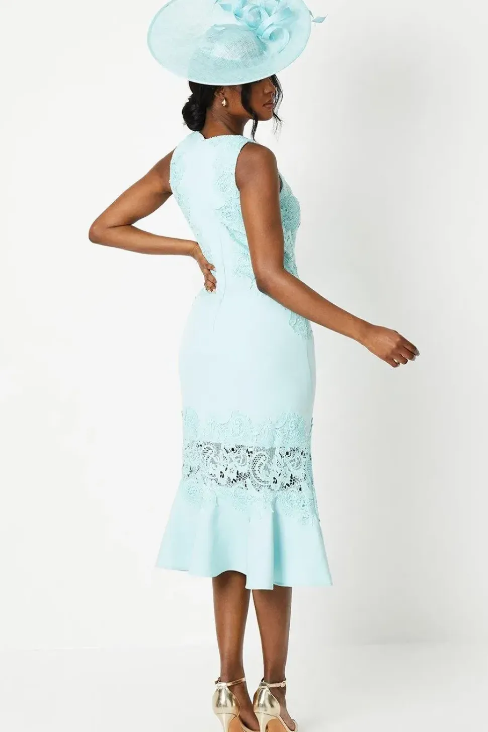 Lisa Tan Lace Mix Flute Hem Midi Dress