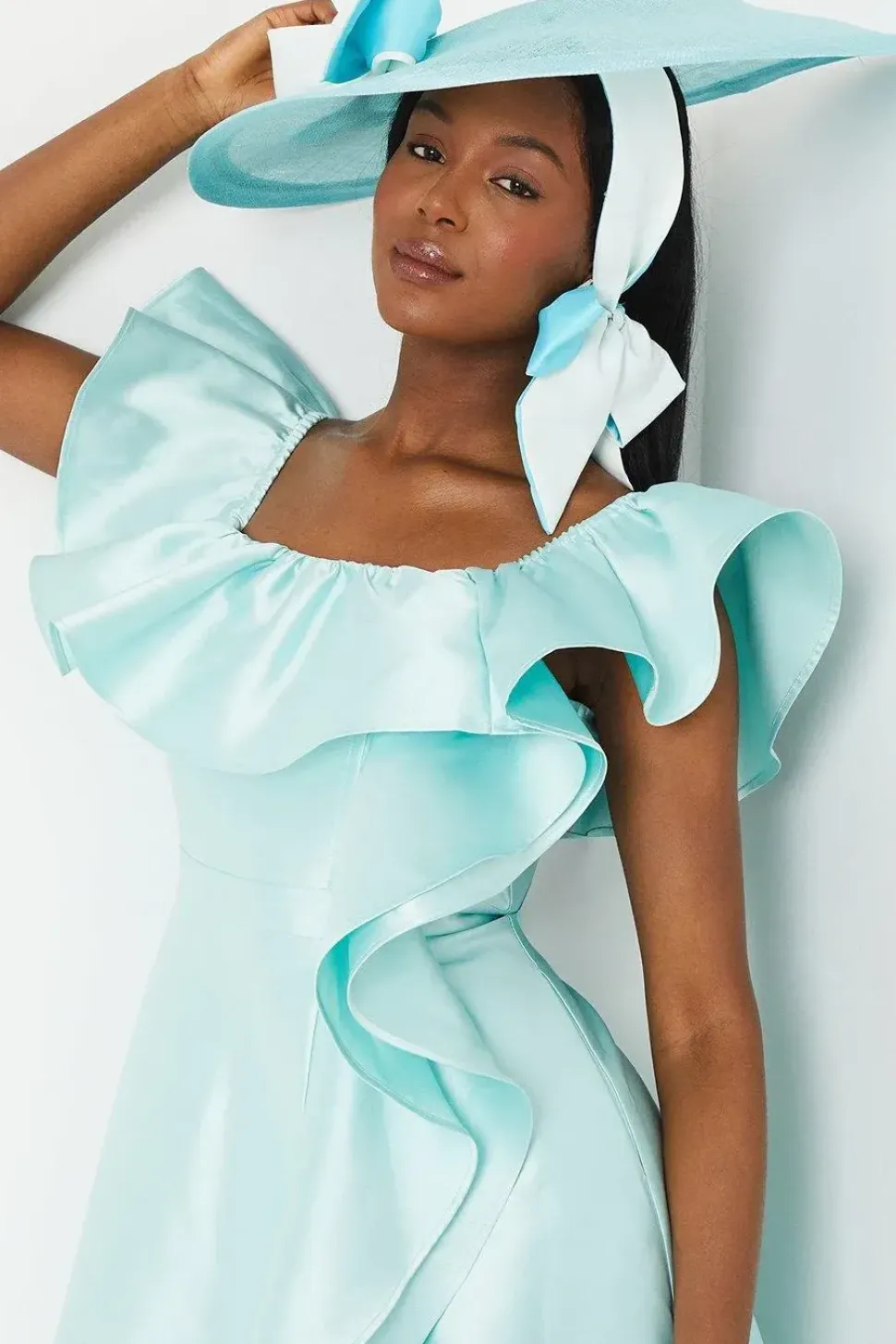 Lisa Tan Off Shoulder Ruffle Twill Midi Dress