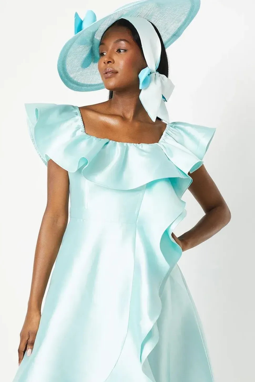 Lisa Tan Off Shoulder Ruffle Twill Midi Dress
