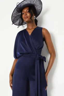 Lisa Tan Overlay Wrap Satin Jumpsuit