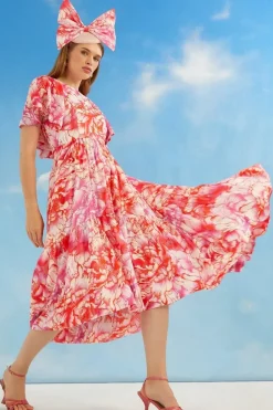 Lisa Tan Printed Ruffle Sleeve Midi Dress