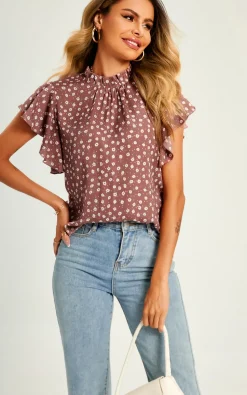 Little Flora Print Frill Angle Sleeve High Neck Top/Blouse In Brown