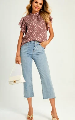 Little Flora Print Frill Angle Sleeve High Neck Top/Blouse In Brown