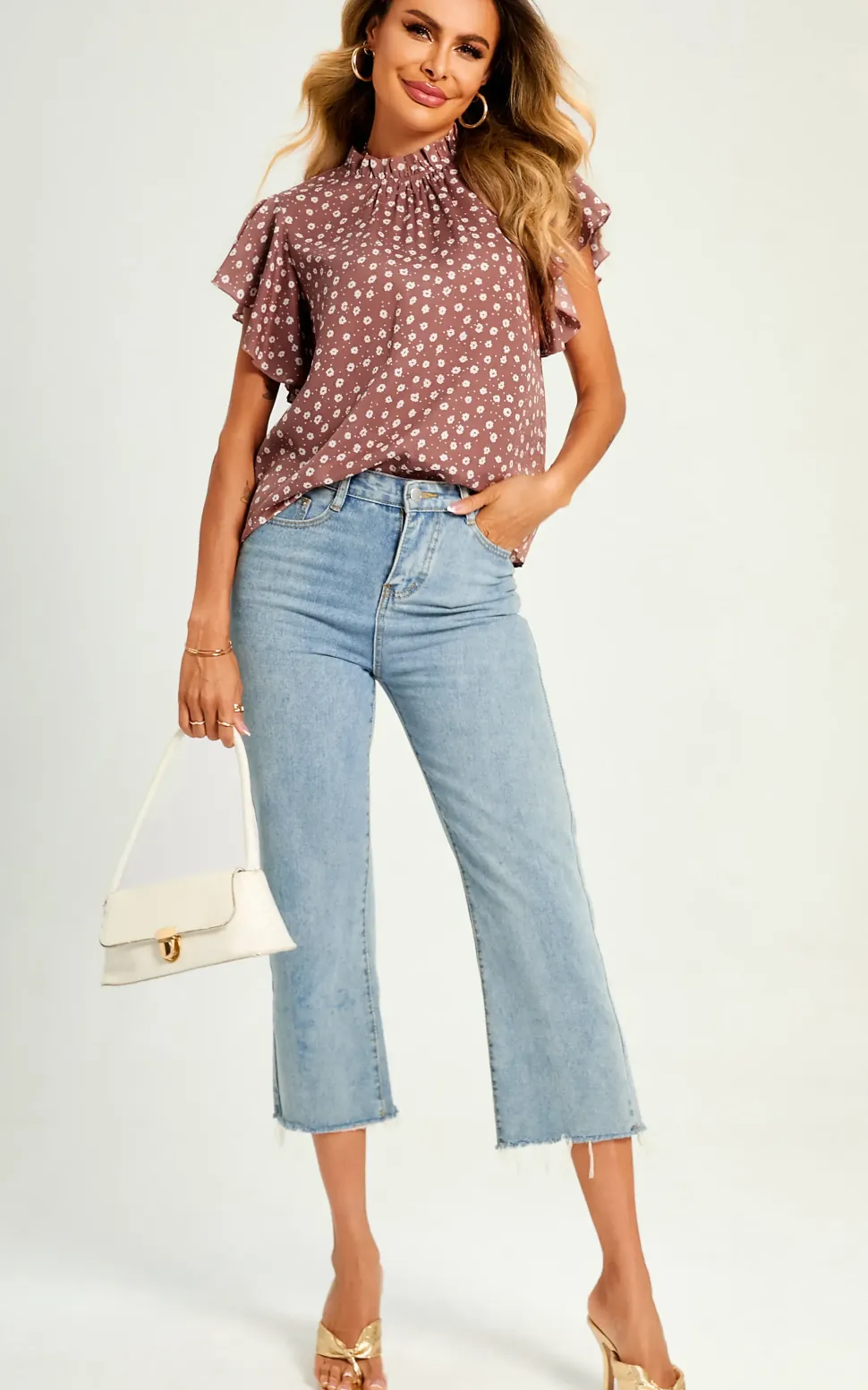 Little Flora Print Frill Angle Sleeve High Neck Top/Blouse In Brown